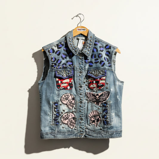 Hiss Off Blue Denim Vest Studded & Patchwork Size 1