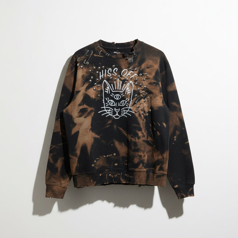 Hiss Off Thrashed Crewneck Dyed With Graphics and Safety Pins Size M/L