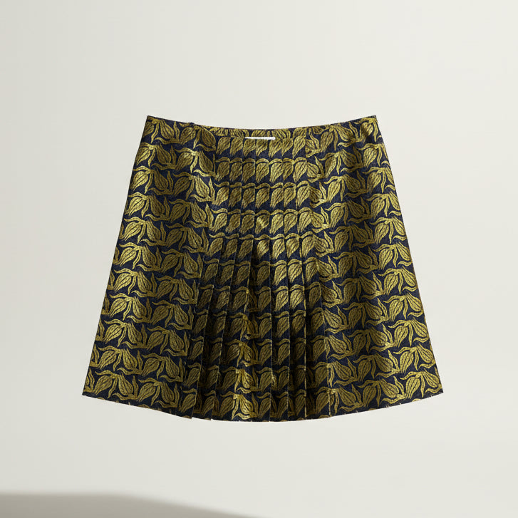 Pollini Gold & Blue Floral Pleated Mini Skirt Size 10