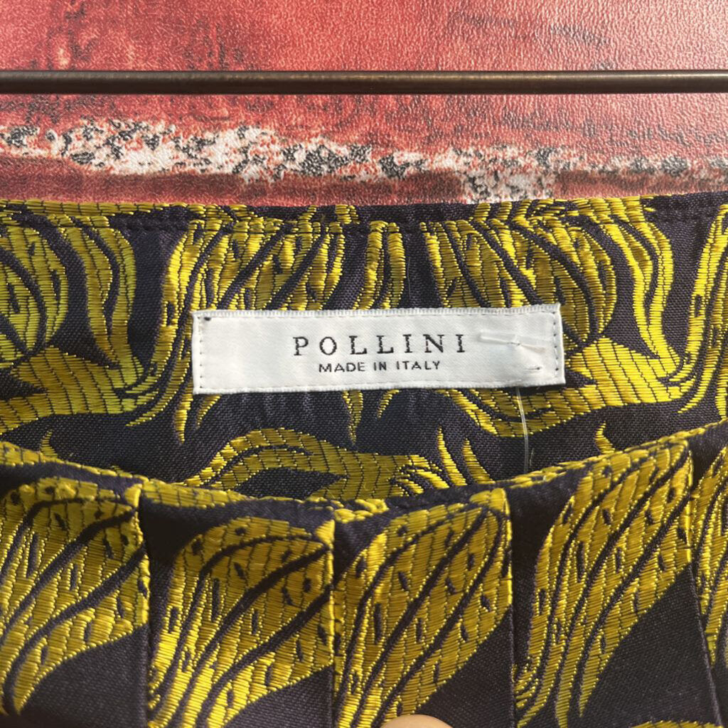Pollini Gold & Blue Floral Pleated Mini Skirt Size 10