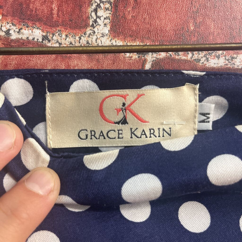 Grace Karin Blue & White Polka Dot Midi Skirt Size M