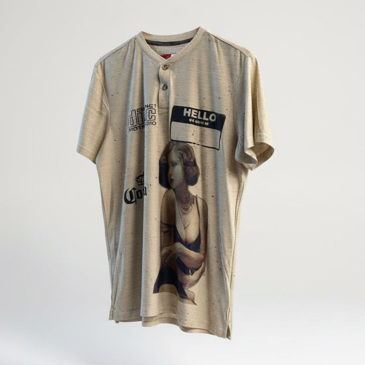Digital Toni Beige Striped Henley Tee Graphic Size L