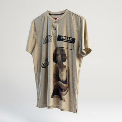 Digital Toni Beige Striped Henley Tee Graphic Size L