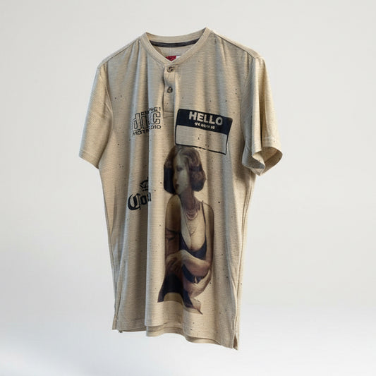 Digital Toni Beige Striped Henley Tee Graphic Size L