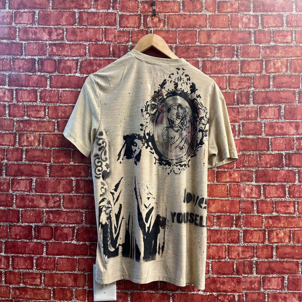 Digital Toni Beige Striped Henley Tee Graphic Size L