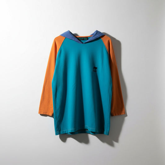 Jacques Moret Sport Hoodie Zipper Hood Color Block Teal/Blue/Orange Size L