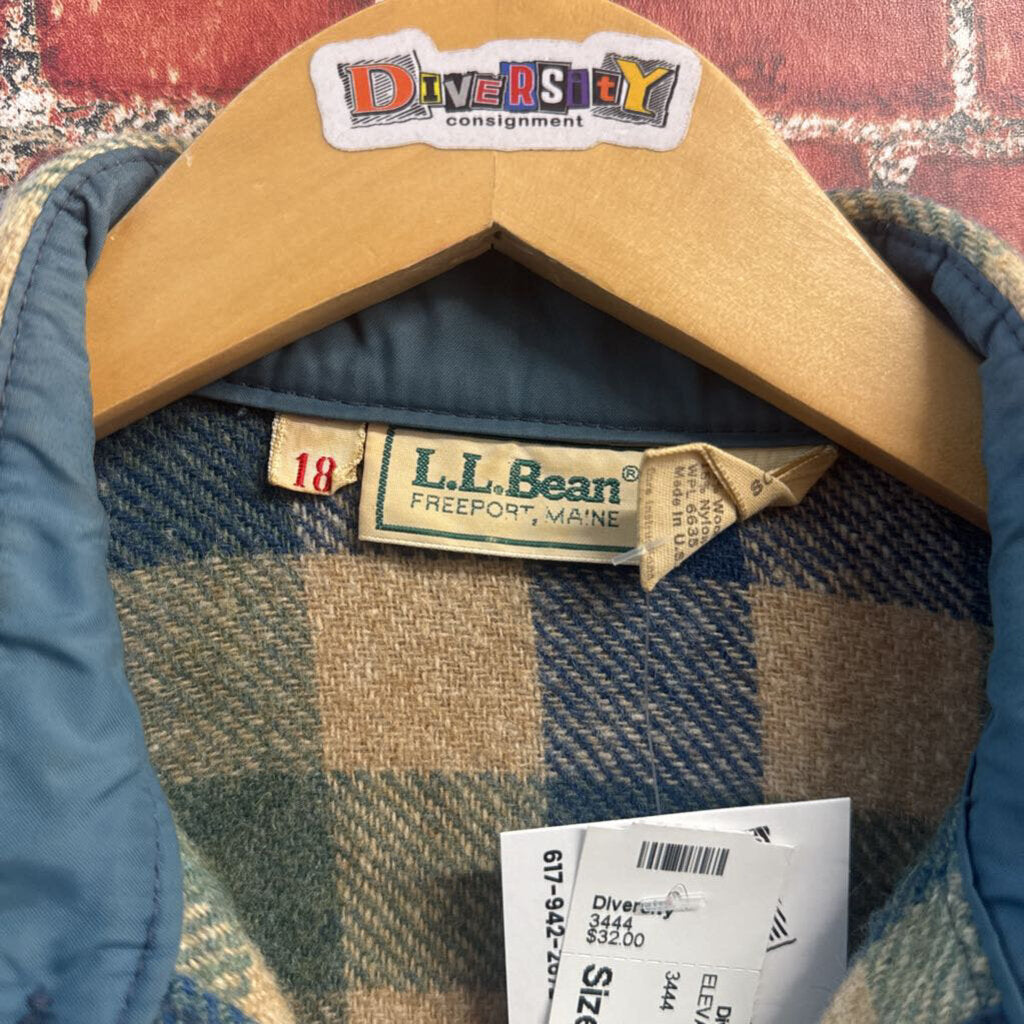 LL Bean Vintage Flannel Shacket Gingham Tan/Blue/Green Size 18