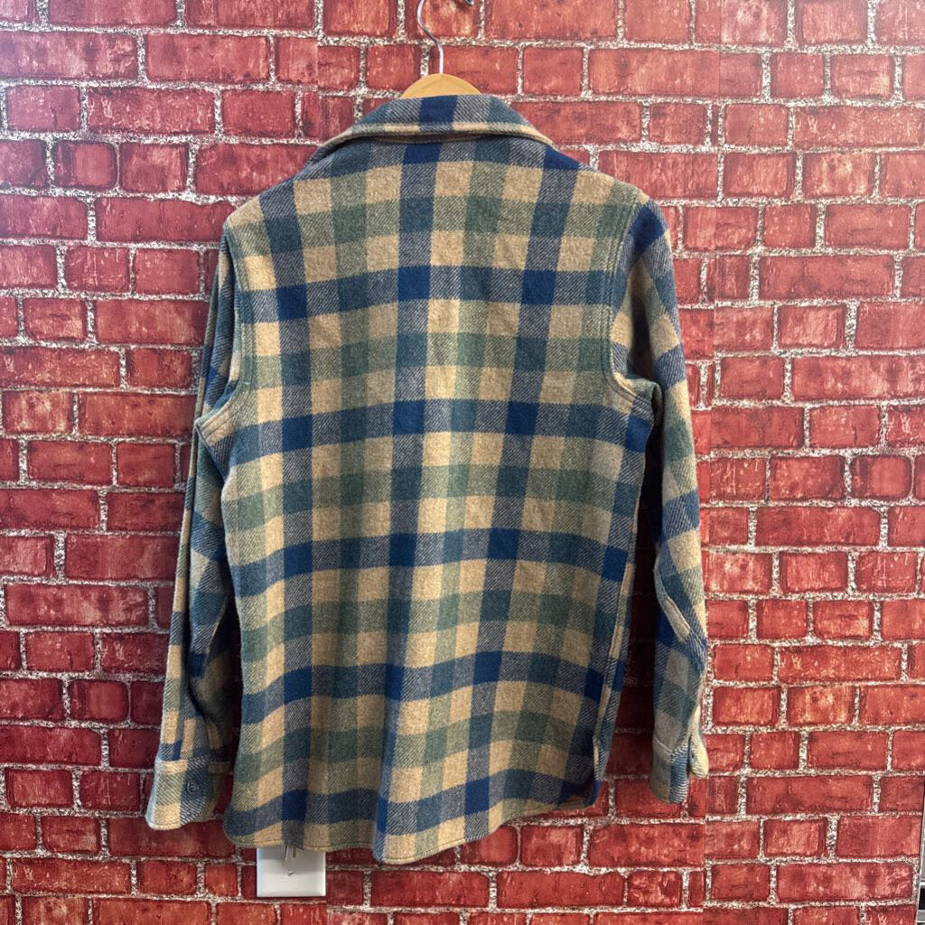 LL Bean Vintage Flannel Shacket Gingham Tan/Blue/Green Size 18