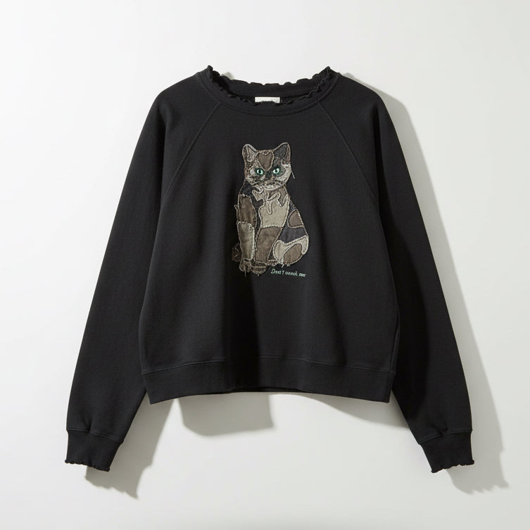 Teddy Fresh Black Patchwork Cat Cropped Crewneck Size 2XL