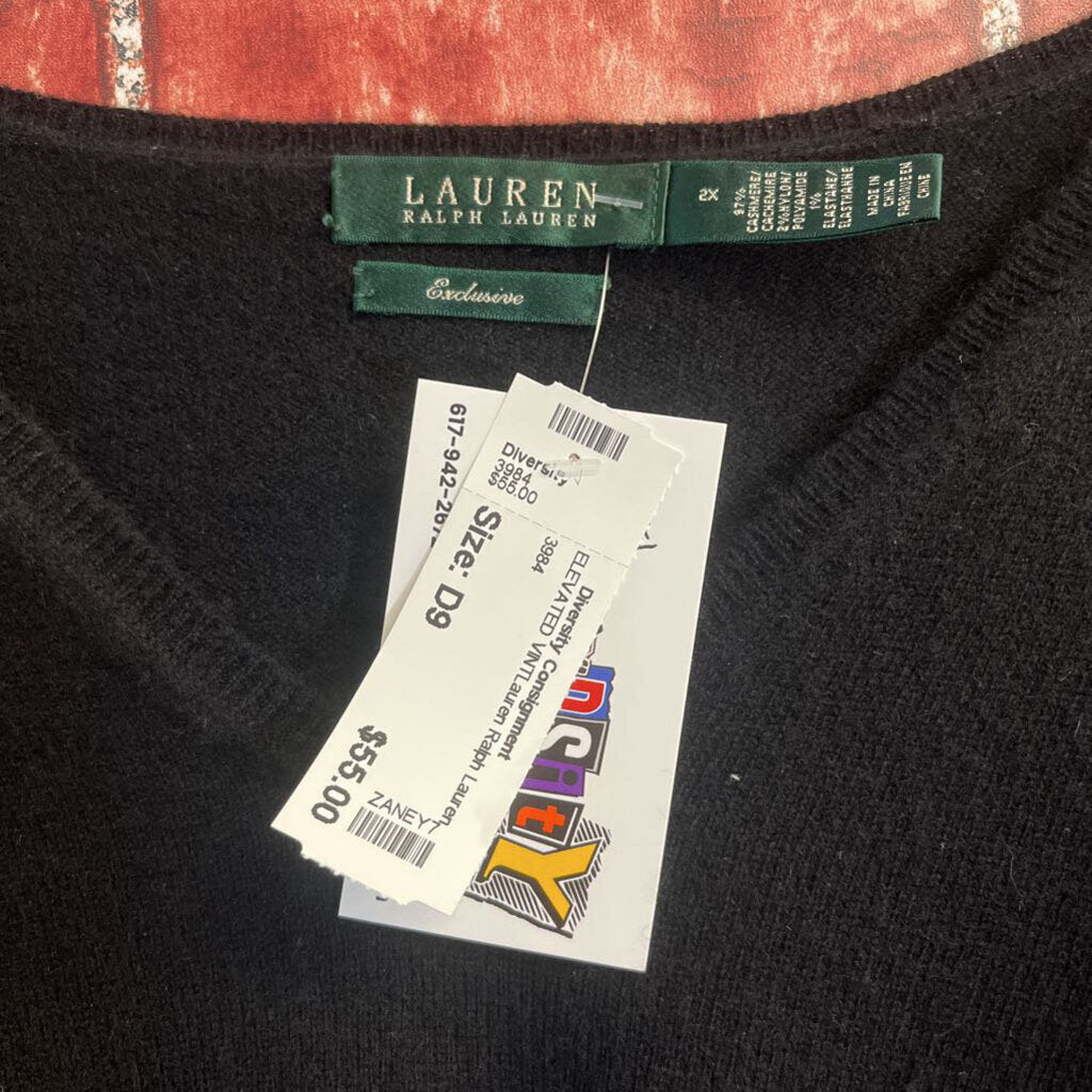Lauren RL Black Cashmere V-Neck Sweater Size 2Xl