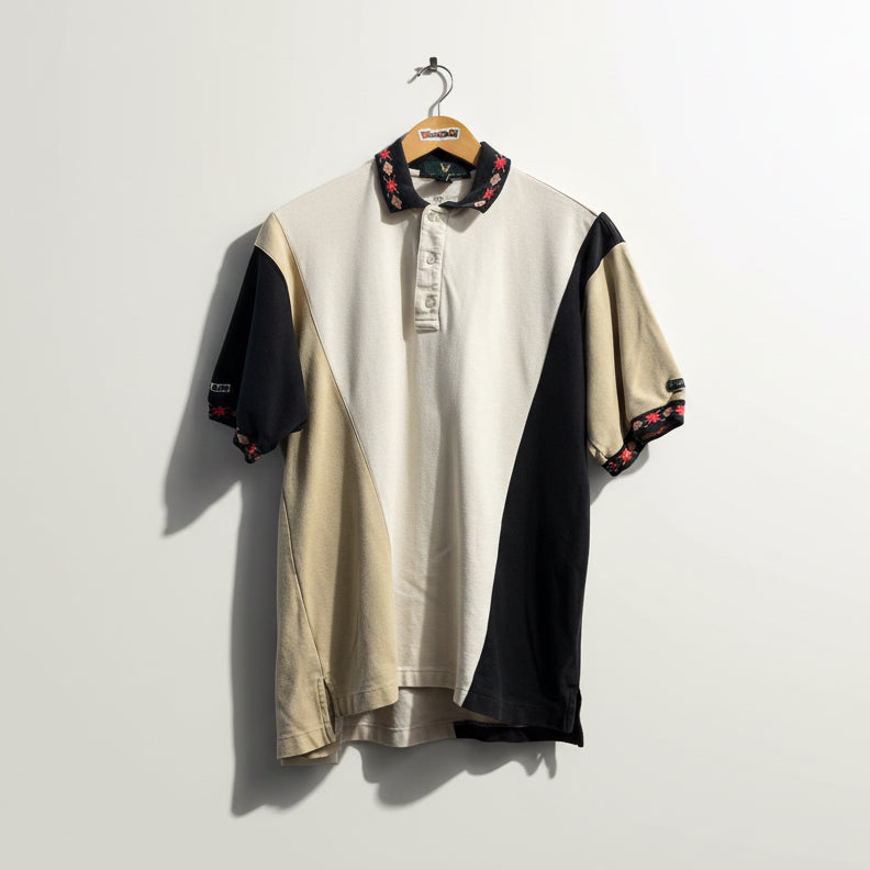 Lyle and Scott Polo Button Up Argyle Collar &Sleeves Black/Creme/Beige Size L