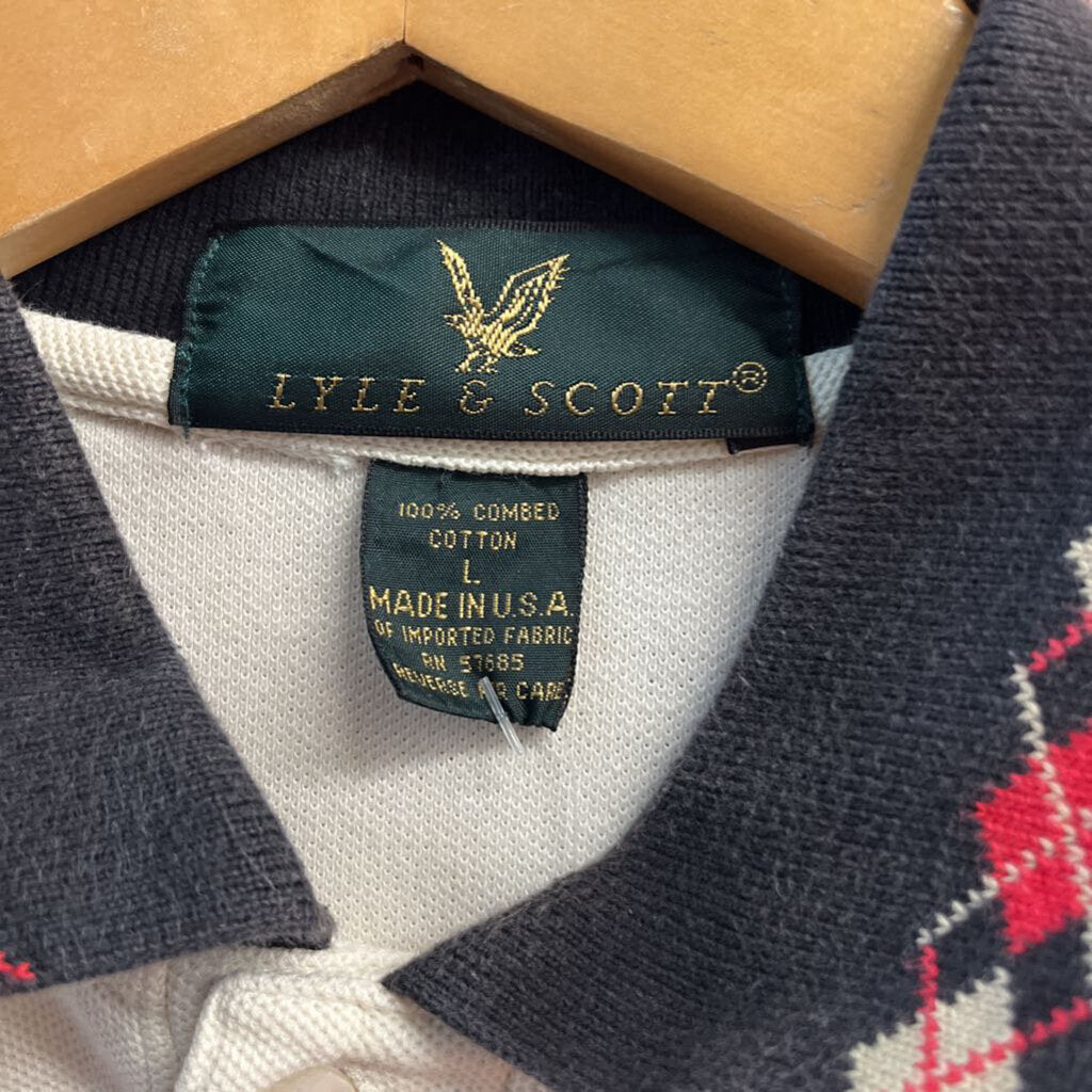 Lyle and Scott Polo Button Up Argyle Collar &Sleeves Black/Creme/Beige Size L