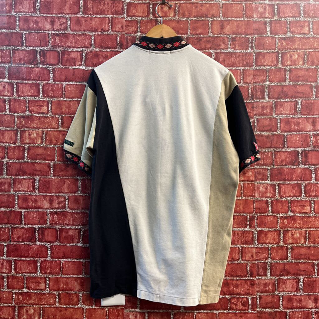 Lyle and Scott Polo Button Up Argyle Collar &Sleeves Black/Creme/Beige Size L