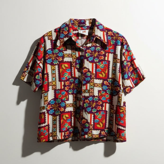 Joyce Lane Pixelated Floral Print Button Up Red/Purple/Multi Size 44