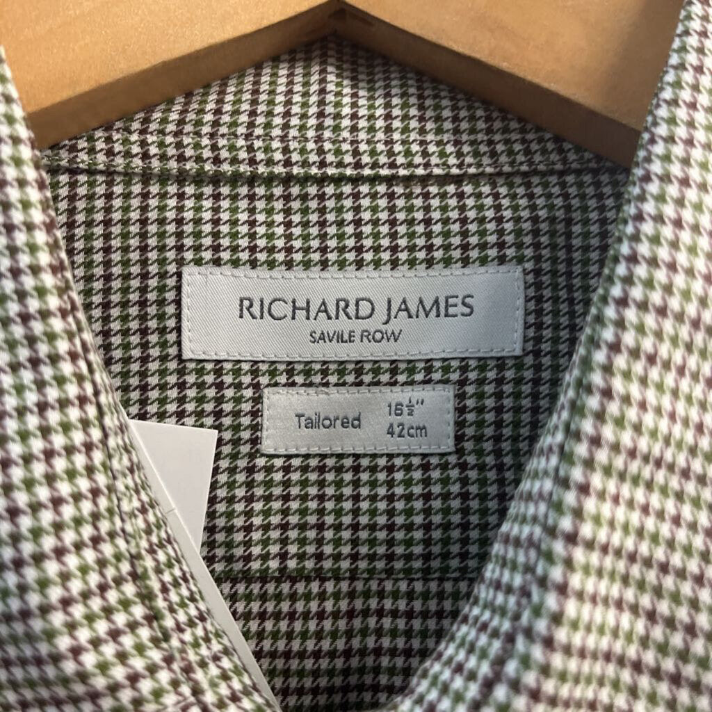 Richard James Savile Row Button Up Long Sleeve Houndstooth Print Green/Brown Size 15.5