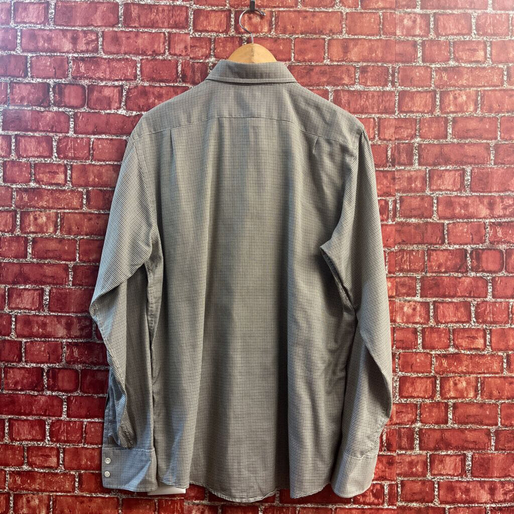 Richard James Savile Row Button Up Long Sleeve Houndstooth Print Green/Brown Size 15.5