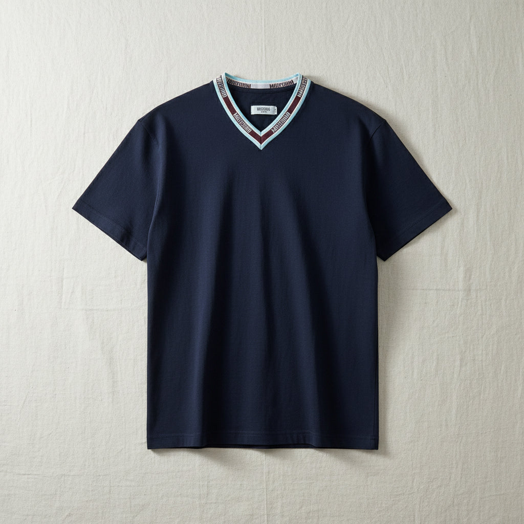 Moschino V-Neck T-shirt Navy/Brown/White Size XL