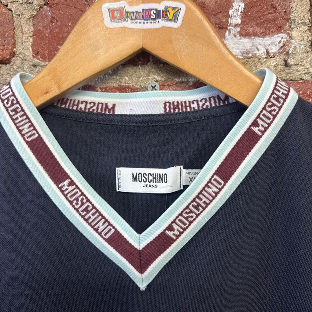 Moschino V-Neck T-shirt Navy/Brown/White Size XL