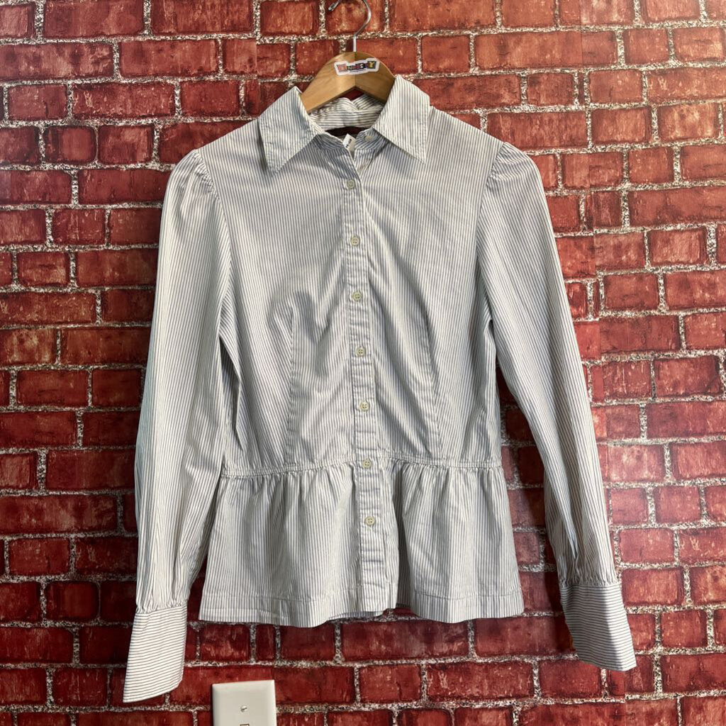 Zara Basic White/Blue Striped Button Down Size M