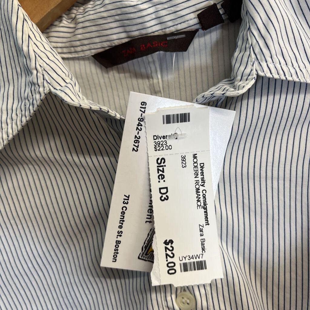 Zara Basic White/Blue Striped Button Down Size M