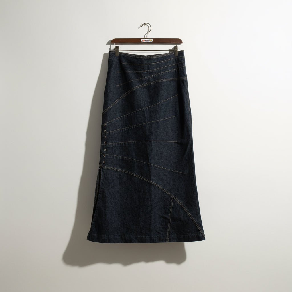 Bisou Bisou dark blue denim maxi skirt with asymmetrical lines D6