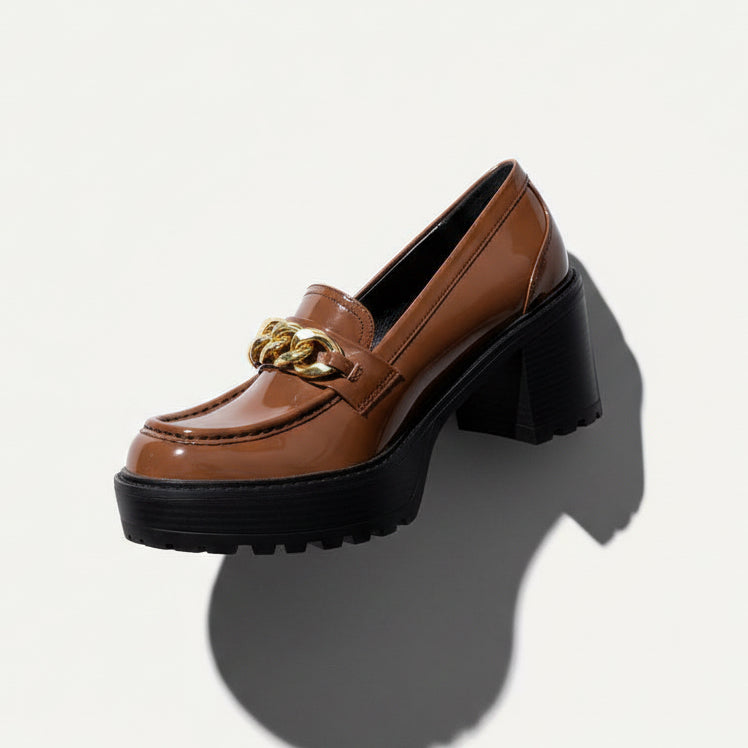 Madden Girl brown patent faux leather lug sole loafers size 9.5 with box