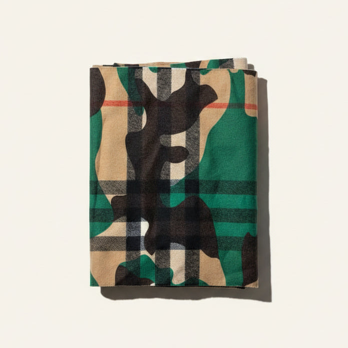 Burberry 100% cashmere camo plaid scarf tan green and red