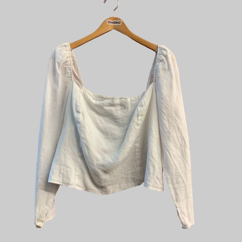 Reformation white linen zip-back blouse size 18 front view