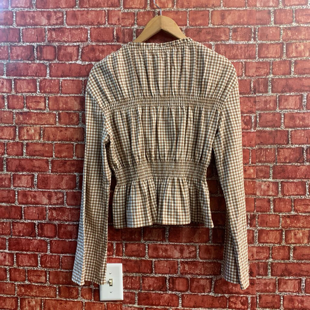 Elodie brown and white gingham blouse detail view