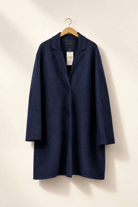 Eileen Fisher long navy wool jacket size XL front view