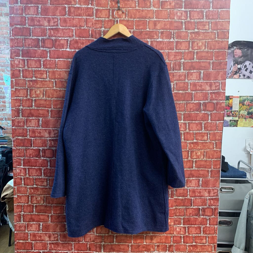 Eileen Fisher long navy wool jacket detail view
