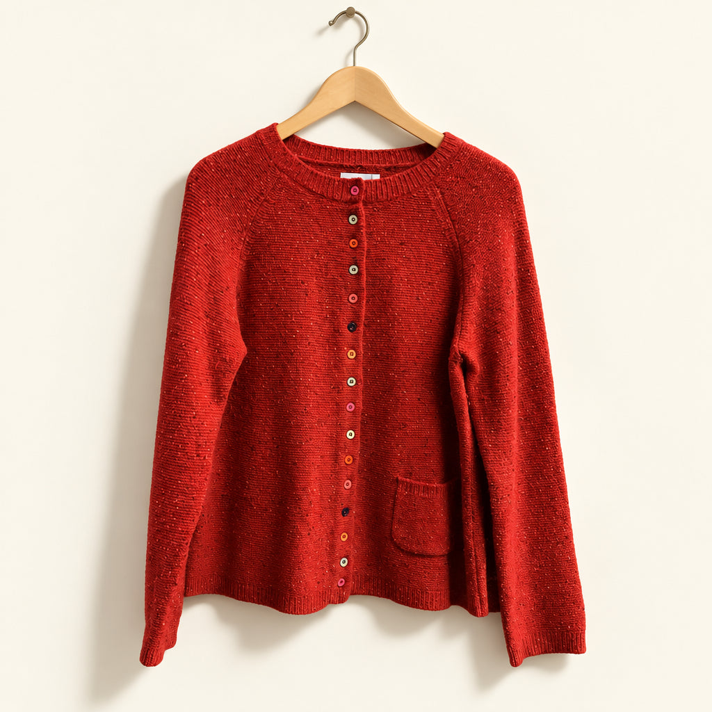 Tabitha Webb red lambswool sweater with colorful buttons size L, front view