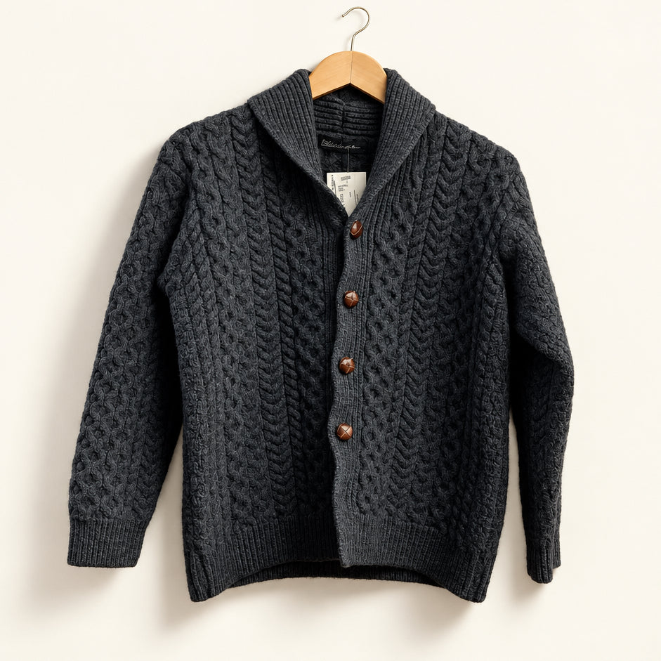 Irelandseye charcoal wool cable-knit shawl-collar cardigan size L, front view