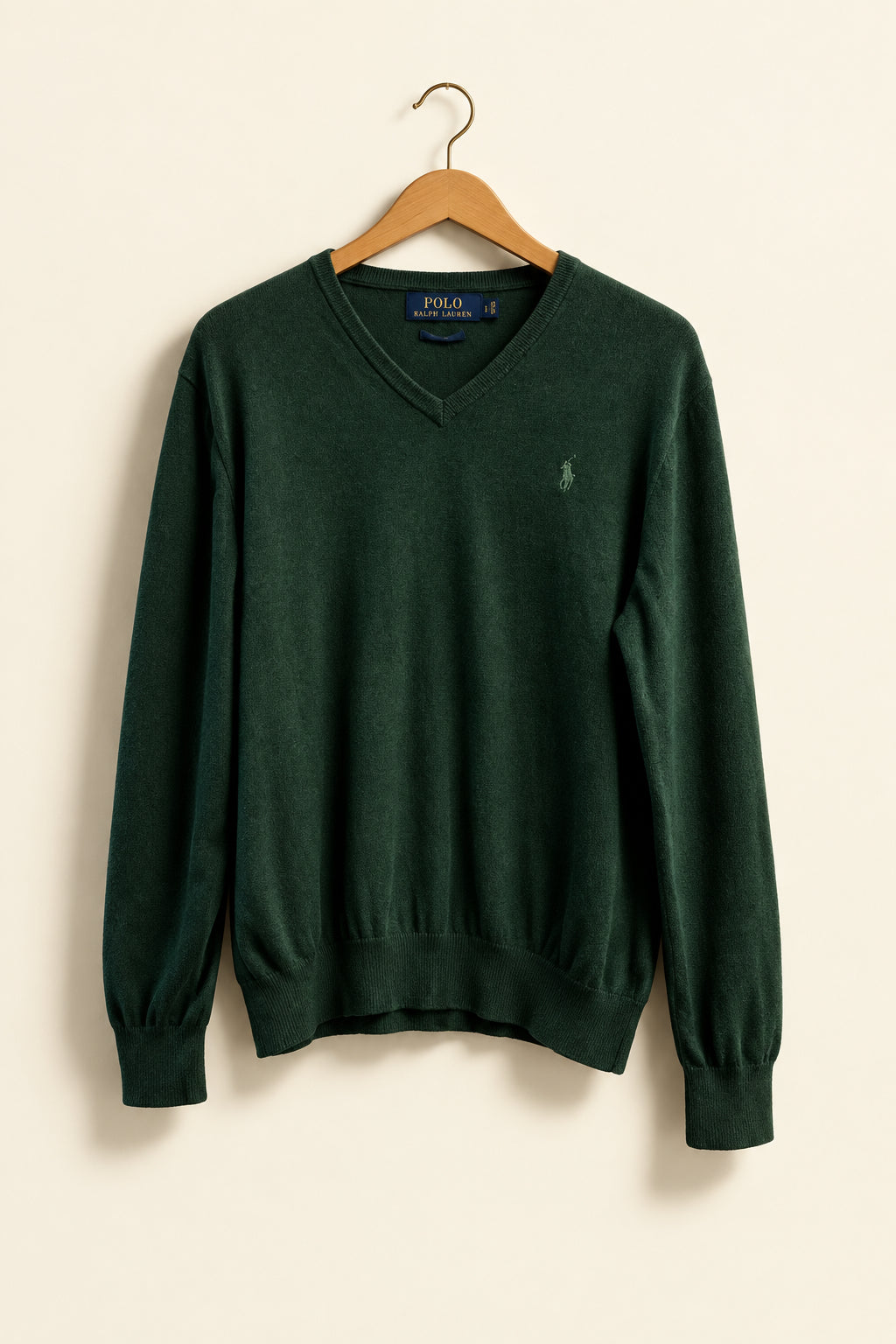 Polo Ralph Lauren green V-neck sweater size L, front view