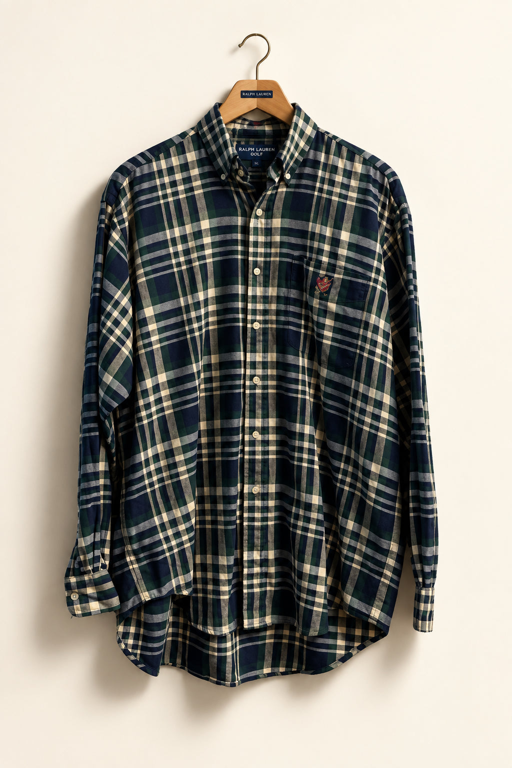 Ralph Lauren Golf vintage plaid button-down shirt in green navy and beige, front view
