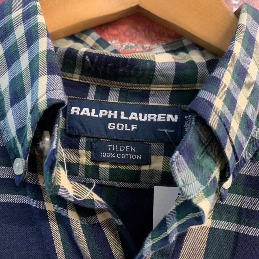 Green navy and beige plaid Ralph Lauren Golf shirt, fabric detail