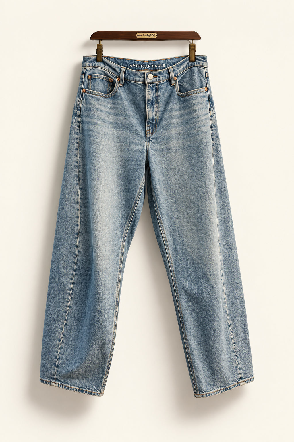 American Eagle blue barrel-leg jeans size 12 front view