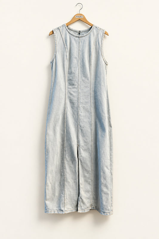 Abercrombie and Fitch ivory denim maxi dress with front slit size L, front view