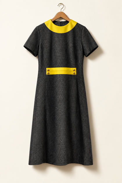 Midge Grant Vintage Midi Dress Yellow Center Detail Yellow Collar Grey/Yellow Size 10