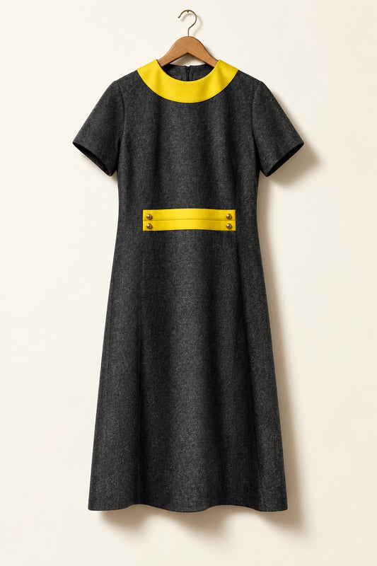 Midge Grant Vintage Midi Dress Yellow Center Detail Yellow Collar Grey/Yellow Size 10
