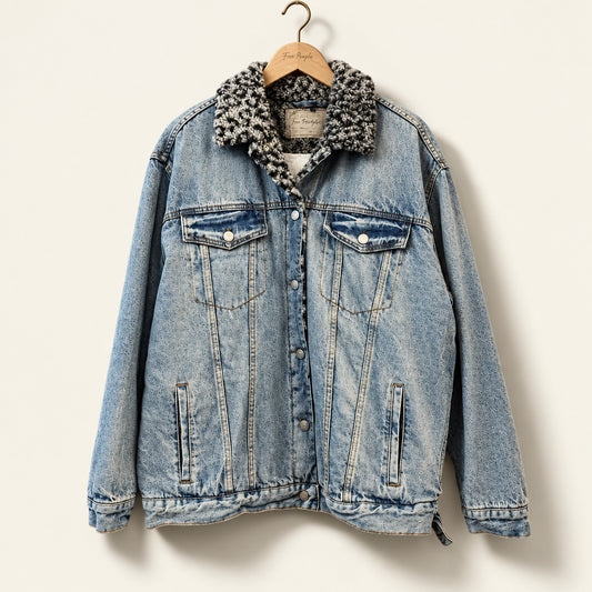 We the Free Jean Jacket Sherpa Lined Blue/Grey Size L