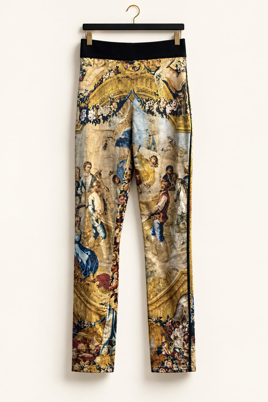 Dolce & Gabbana Vintage Pants Renaissance Fresco Print Velvet Trim Yellow/Black Size 42