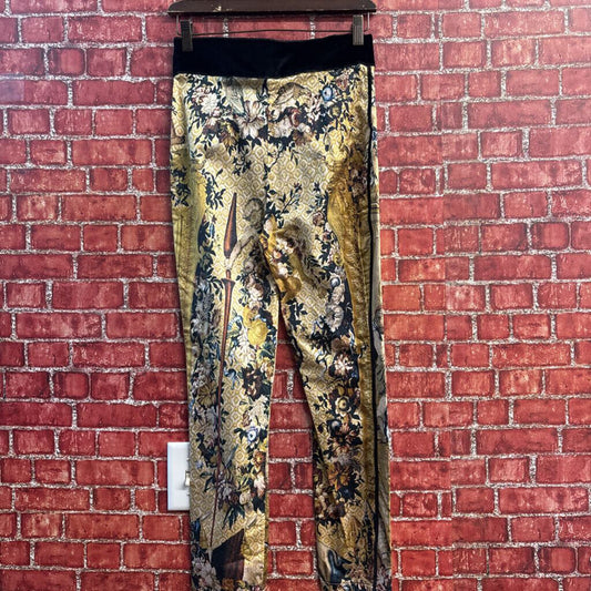 Dolce & Gabbana Vintage Pants Renaissance Fresco Print Velvet Trim Yellow/Black Size 42