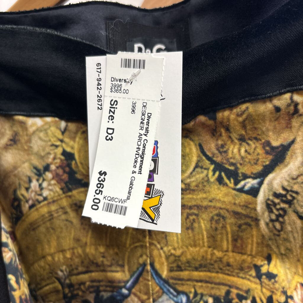 Dolce & Gabbana Vintage Pants Renaissance Fresco Print Velvet Trim Yellow/Black Size 42