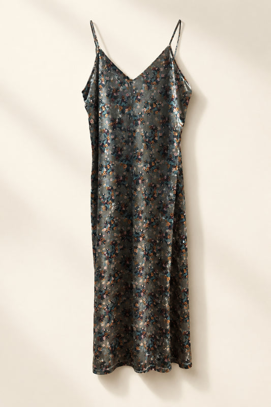 Molly Bracken Midi Tank Dress Velvet Floral Grey/Brown/Pink Size M