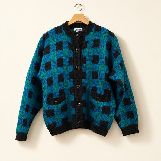 JL Plum Vintage Cardigan Mohair Blend Checkered Black/Teal Size S