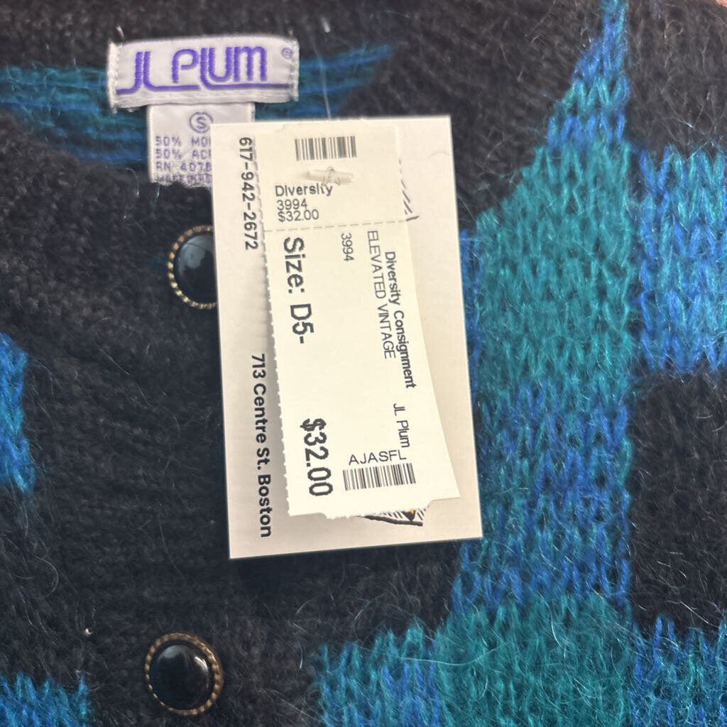 JL Plum Vintage Cardigan Mohair Blend Checkered Black/Teal Size S
