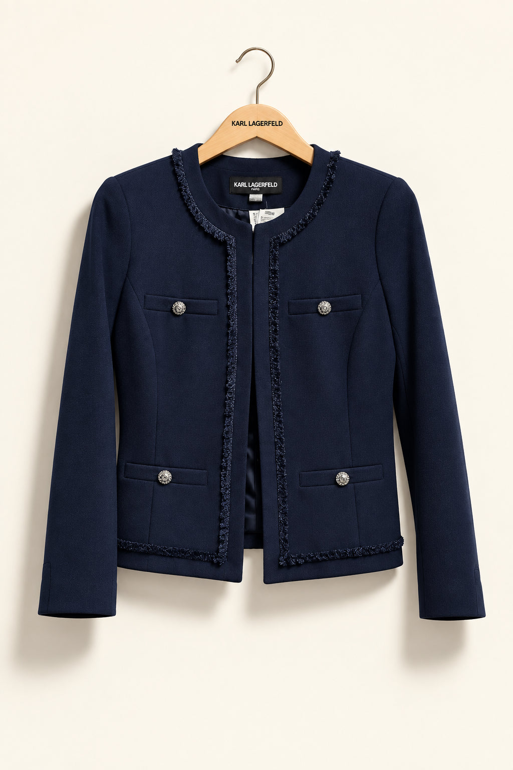 Karl Lagerfeld Open Blazer Fringe Trim Navy Size 4