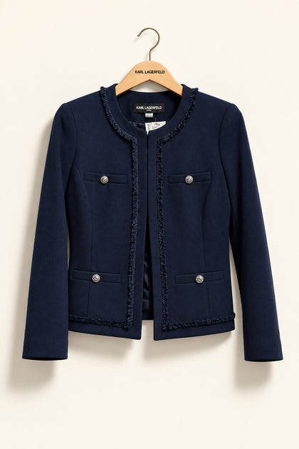 Karl Lagerfeld Open Blazer Fringe Trim Navy Size 4