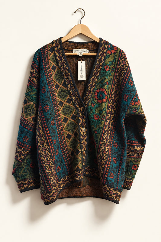 Lord Isaacs Vintage Cardigan Knit 30% Wool Teal/Red/Green/Brown Size L